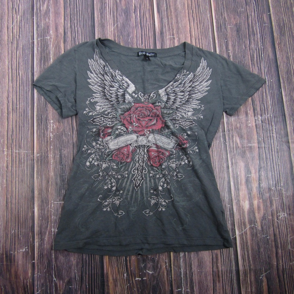 Brad Butter Womens Large Black Winged Rose Heart Cross Graphic T Shirt Y2K